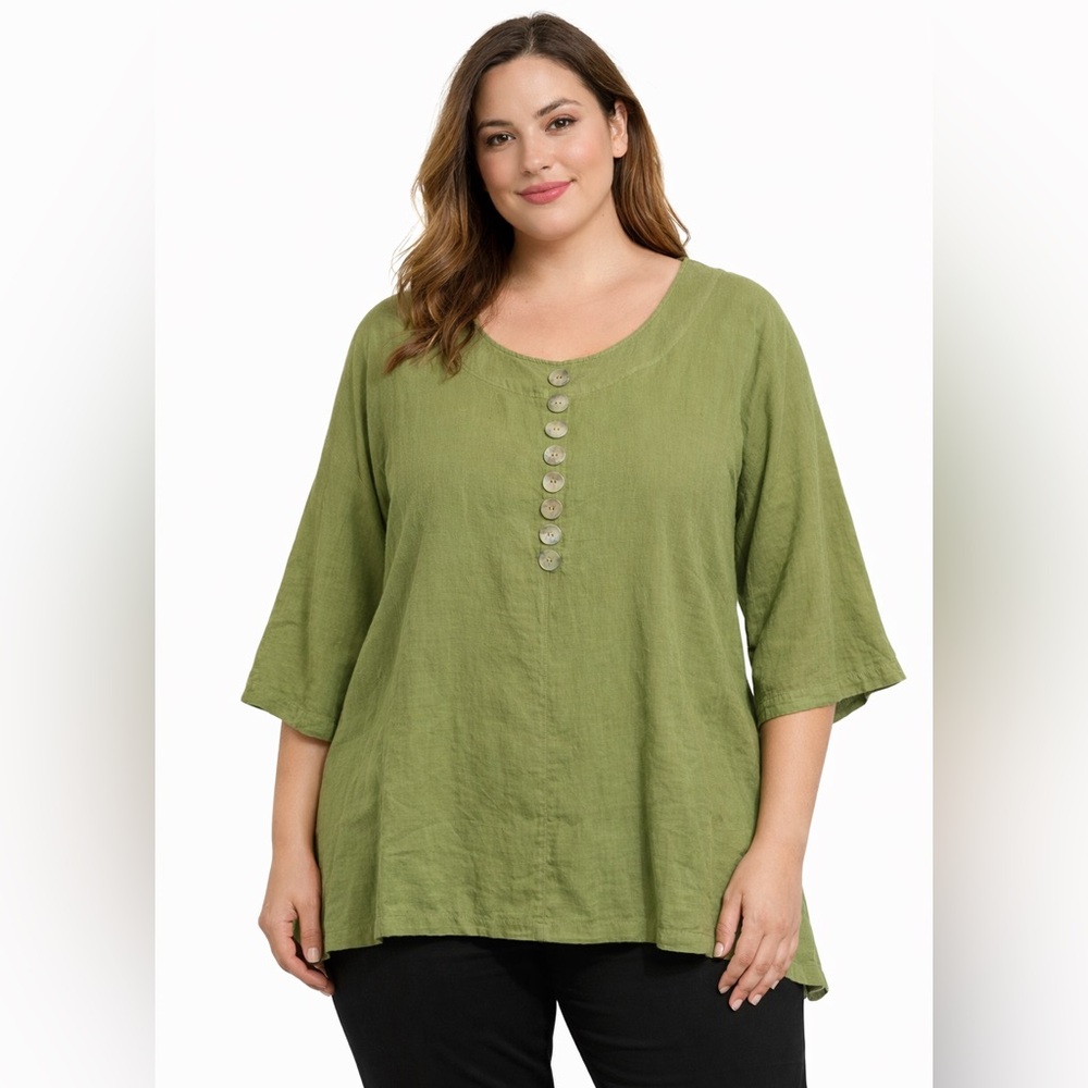 New Fridaze Top Womens‎ XL Kiwi Green Linen Buttons 3/4 Sleeve Blouse